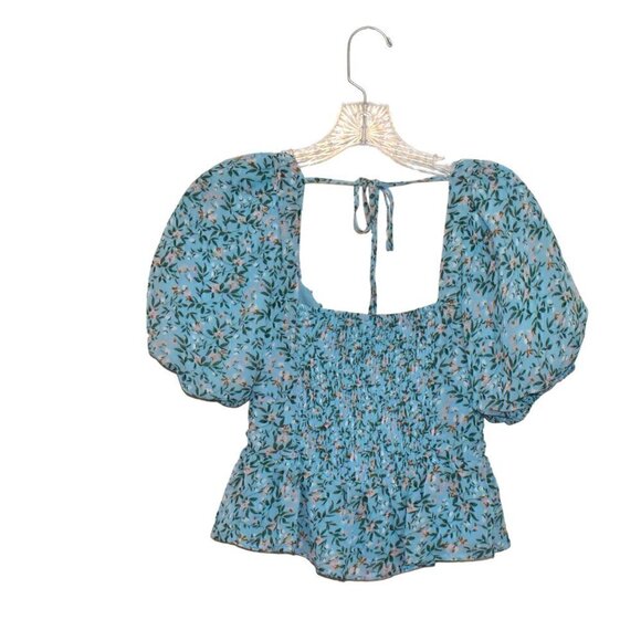 Astr The Label Clair Bustier Crop Floral Puff Sleeve Square Neck Smocked Top - Picture 2 of 6